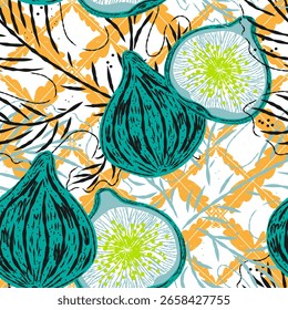Patrón sin fisuras con higos y hojas en estilo line-art. El espíritu mediterráneo se combina con la elegancia retro y la estética de sketch moderna. Ideal para textiles, embalaje, decoración del hogar y colecciones de verano.