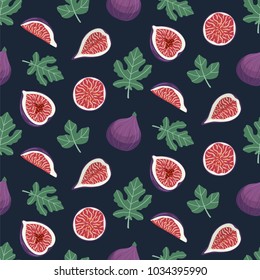 Seamless pattern with figs and leaves on a dark blue background. Design for wallpaper, fabric, decor, textile. Vector backdrop.