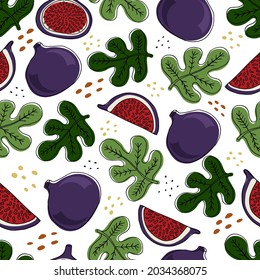 Seamless pattern with figs and leaves. Vector image with doodle style.