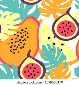 Seamless pattern with figs, monstera leaves, melon and papaya.  Summer tropic fruits. 
