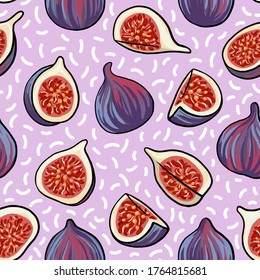 Patrón sin foco con higos sobre fondo morado. Ilustración vectorial dibujada a mano. Textura para impresión, textil. Ilustración veraniega. Diseño de fruta vectorial. Alimentos naturales y saludables.