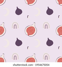 Seamless pattern with figs, rainbow and moon. Mid century, modern boho style. For prints, backgrounds, wrapping paper, textile, wallpaper, etc.