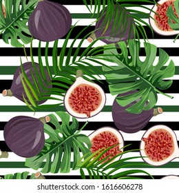 Seamless pattern with figs and tropical leaves. Summer fresh exotic pattern.