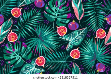 Seamless pattern with figs and tropical leaves on a dark background. Whole and half fruits and leaves of palm, monstera, alocasia, philodendron, calathea. Cartoon. Colorful, tropical pattern. Vector.