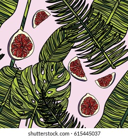 Seamless pattern with figs and tropical leaves. Vector illustration.