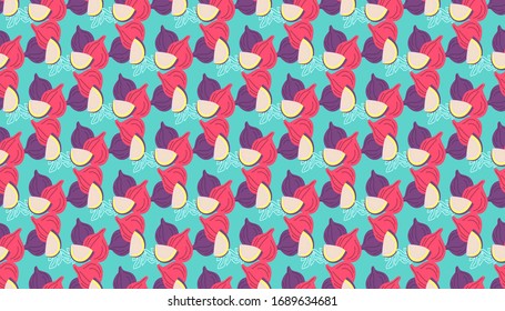 Seamless pattern of figs virtual background for online conferences, online transmissions. Whole pink figs fruits on blue light background for patterns Abstract bright colors vector design illustration