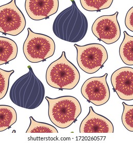 Seamless pattern with figs. Whole fig with half. Summer background. Wallpaper, print, packaging, paper, textile design. flat Vector illustration