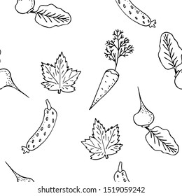 Seamless pattern. Figure carrots, cucumber and beets, a natural product. Cartoon sketch. Hand-drawn. Vector illustration
