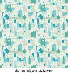 Seamless pattern. Figure cities in vintage style. Doodle design for cloth, paper, cards, greetings, scrapbook. Pastel colors.