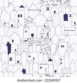 Seamless pattern. Figure cities in vintage style. Doodle design for cloth, paper, cards, greetings, scrapbook. Blue color.