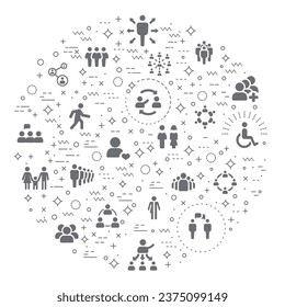 Patrón transparente con icono de figura sobre fondo blanco. Incluidos los íconos como humanos, pictograma, personas, grupo, discusión, reunión, perfil y otros elementos
