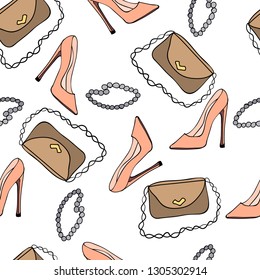 Seamless pattern. The figure shows pink shoes, beads and beige  handbag.The picture is made in multicolored.  Illustration can be used as wallpaper, postcard, cover, background.  Vector illustration.