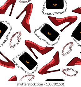 Seamless pattern. The figure shows red shoes, beads and  a black handbag.The picture is made in multicolored.  Illustration can be used as wallpaper, postcard, cover, background.  Vector illustration.