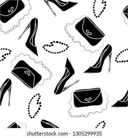 Seamless pattern. The figure shows shoes, beads and a handbag.The picture is made in white color. Illustration can be used as wallpaper, postcard, cover, background.  Vector illustration.