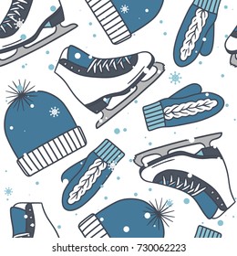 Seamless pattern with figure skates. Colorful overlapping backdrop with sports equipment and snowfall. Hand drawn illustration design, activity accessories. Decorative wallpaper, good for printing