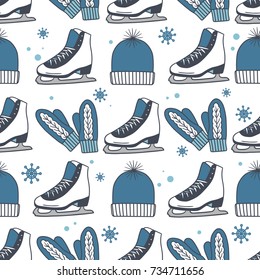 Seamless pattern with figure skates, hats, mittens. Colorful overlapping backdrop with snowfall. Hand drawn illustration design, winter games. Decorative wallpaper, good for printing. Christmas time