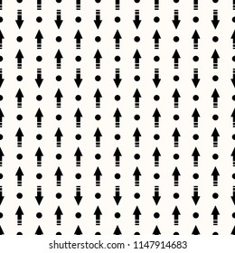 Seamless pattern with a figured arrow on a light background.  Exit symbol. Direction of the movement.  Endless texture for textile design. Repeating on a beige background. Abstract geometrical texture