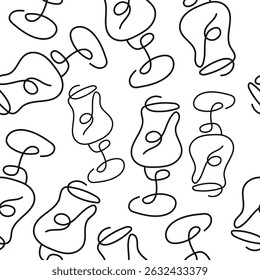 seamless pattern with a figured glass for various drinks drawn with several lines in line art style arranged randomly