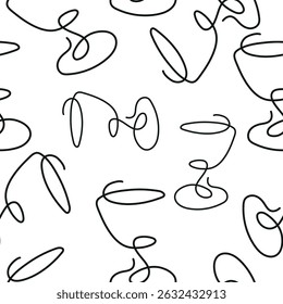 seamless pattern with a figured martini glass drawn with several lines in line art style arranged randomly