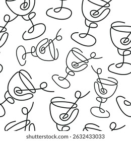 seamless pattern with a figured martini glass with an olive inside drawn with several lines in line art style arranged randomly
