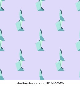 Seamless pattern with figures of blue origami rabbits on gray background. Vector illustration