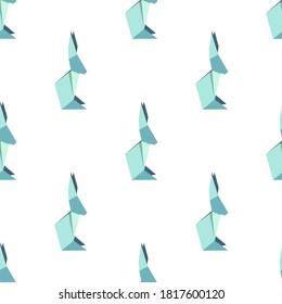 Seamless pattern with figures of blue origami rabbits on white background. Vector illustration