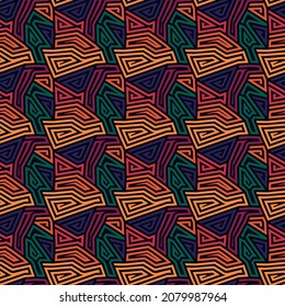 Seamless pattern. Figures, curves ornament. Folk wallpaper. Linear backdrop. Embroidery background. Tribal motif. Ethnic mosaic. Digital paper. Web design. Textile abstract print. Vector art work