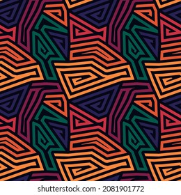 Seamless pattern. Figures, curves ornament. Folk wallpaper. Linear backdrop. Embroidery background. Tribal motif. Ethnic mosaic. Digital paper. Web design. Textile abstract print. Vector artwork