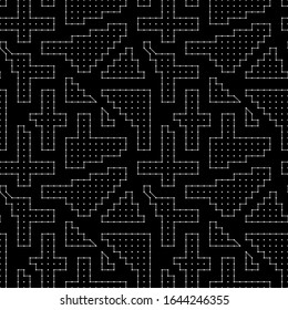 Seamless pattern. Figures, dots ornament. Folk wallpaper. Simple shapes, spots backdrop. Embroidery background. Tribal motif. Ethnic mosaic. Digital paper, textile print, abstract vector, web design.