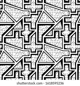 Seamless pattern. Figures, lines, circles ornament. Folk wallpaper. abstract