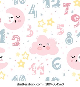 Seamless pattern with figures of the moon and clouds with stars. For baby diapers, baby textiles or wallpaper in the room