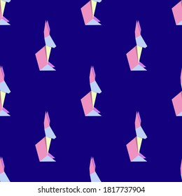 Seamless pattern with figures of multicolored origami rabbits on blue background. Vector illustration