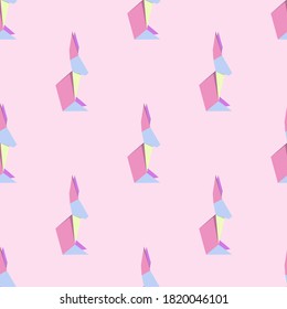 Seamless pattern with figures of multicolored origami rabbits on pink background. Vector illustration