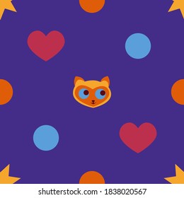 Seamless pattern from the figures of the muzzle of the Siamese kitten, hearts, stars, circles.Vector illustration for kids design, wrapping paper, wallpaper, textile, apparel, fabric.