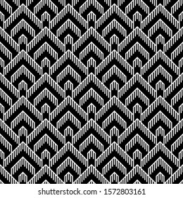 Seamless pattern. Figures ornament. Ethnic mosaic. Linear backdrop. Embroidery background. Digital paper, textile print, web design, abstract illustration. Folk wallpaper. Tribal motif. Vector art.