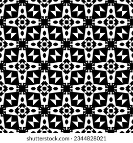 Patrón sin foco. Ornamento de figuras.Patrón blanco y negro para la moda, el diseño textil, sobre papel de pared, papel envolvente, telas y decoración casera.
