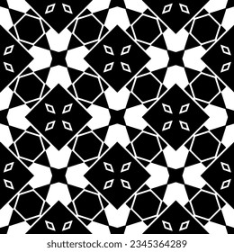 Patrón sin foco. Ornamento de figuras.Patrón blanco y negro para la moda, el diseño textil, sobre papel de pared, papel envolvente, telas y decoración casera.
