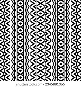 Patrón sin foco. Ornamento de figuras.Patrón blanco y negro para la moda, el diseño textil, sobre papel de pared, papel envolvente, telas y decoración casera.

