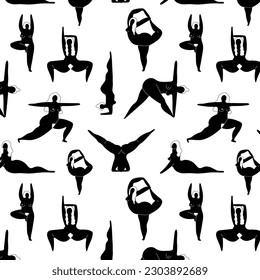 Patrón sin foco con mujeres jóvenes figurinas desnudas realizando yoga. Caricatura femenina que muestra posiciones de yoga aisladas en el fondo de la luz.