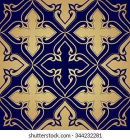 Seamless pattern with filigree blue and gold ornament.Background with oriental motifs.Vector illustration