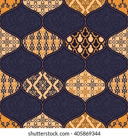 Seamless pattern with filigree ornament. Multicolor patchwork background in Eastern style. Ornate floral decor for wallpaper. Vector illustration