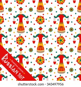 Seamless pattern. Filimonova toy penny whistle woman. Vector toy lady with pattern in national Russian Filimonovo ornament isolated on white background