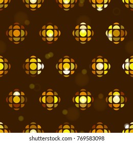 Seamless pattern fill with golden Christmas lights. Abstract round lanterns texture in vintage sepia style. Warm holiday ornament for Xmas and new year wrapping paper or greeting card background