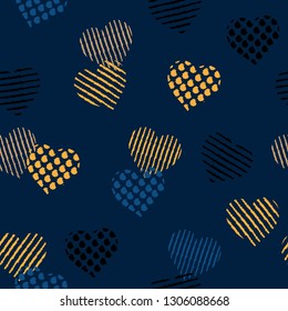 Seamless Pattern fill in the heart shape with stripe ,polka dots in hand painting brush for valentines,design for fashion,fabric,web,walppaper and all prints on dark blue background color