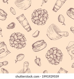 Seamless pattern filled with almond nuts, cosmetics and mortar. Detailed hand-drawn sketch, vector botanical and object illustration.