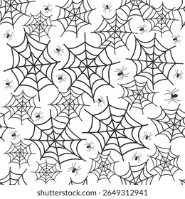Padrão contínuo preenchido com intrincadas teias de aranha e pequenas aranhas criando uma atmosfera assustadora de Halloween.