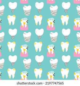 Seamless pattern filled tooth with decayed implant. Cartoon stomatology repeat background. Dental children digital paper for wallpaper, textile, fabric design