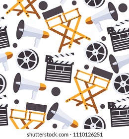 Seamless pattern with film making design. Directors chair, clapper, bobbin on white background.