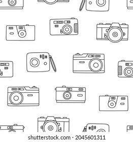 Seamless pattern of film photo cameras. Retro, vintage camera, photographer tool, photo tool. Back to the 80s - 90s. Colorful flat vector illustration isolated on white background. Line art.