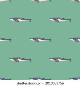 Seamless Pattern Fin Whale On Green Background. Template Of Cartoon Character Of Ocean For Fabric.Repeated Geometric Texture With Marine Cetacean.Design For Any Purposes.Vector Illustration